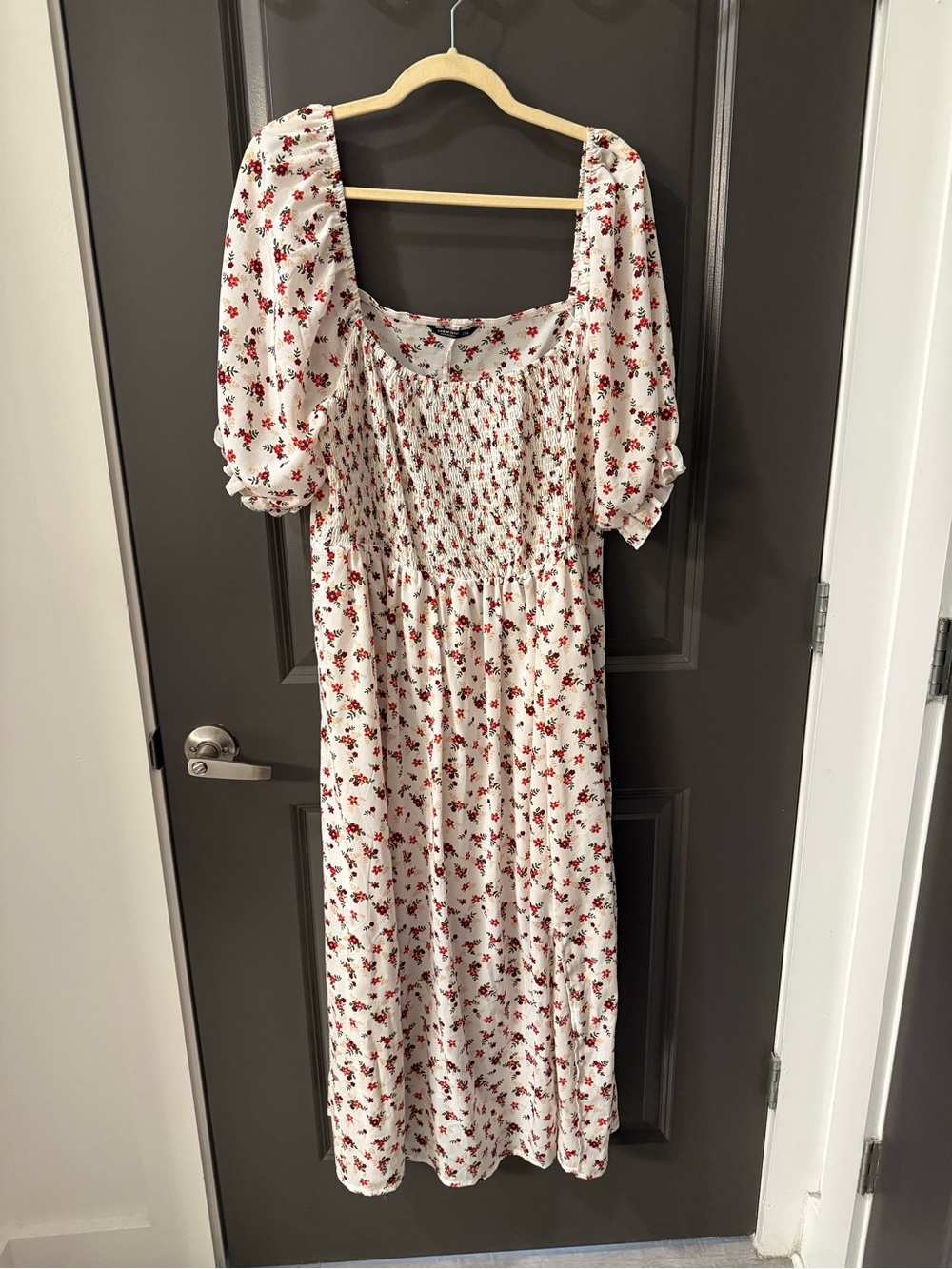 SHEIN White Floral Midi Dress with Red Floral Print